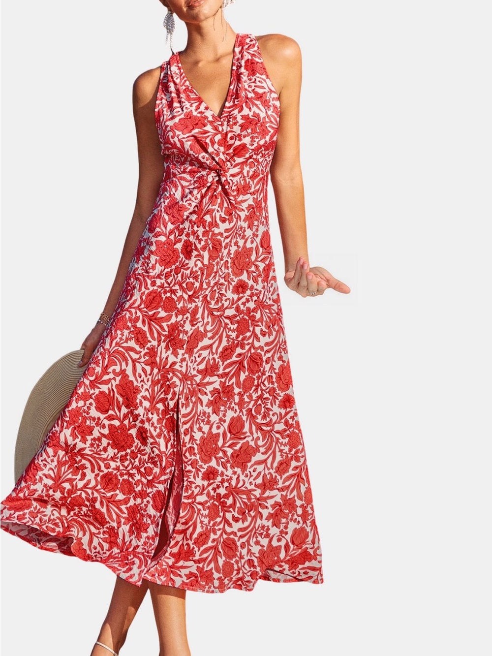 Cupshe NWT S Red white Floral Twist-Front V-Neck split Midi Dress